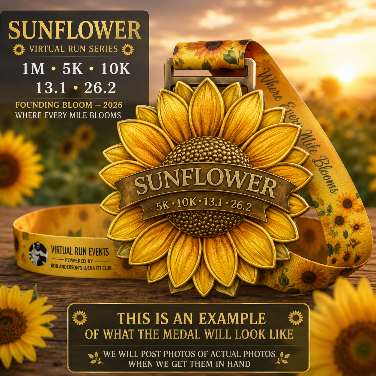Sunflower Virtual Race 2026 medal from Virtual Rune Event's Language of Flowers Series, featuring a sunflower design with vibrant colors.