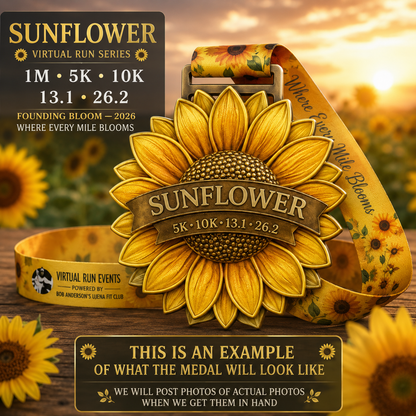 Sunflower Virtual Race 2026 medal from Virtual Rune Event's Language of Flowers Series, featuring a sunflower design with vibrant colors.