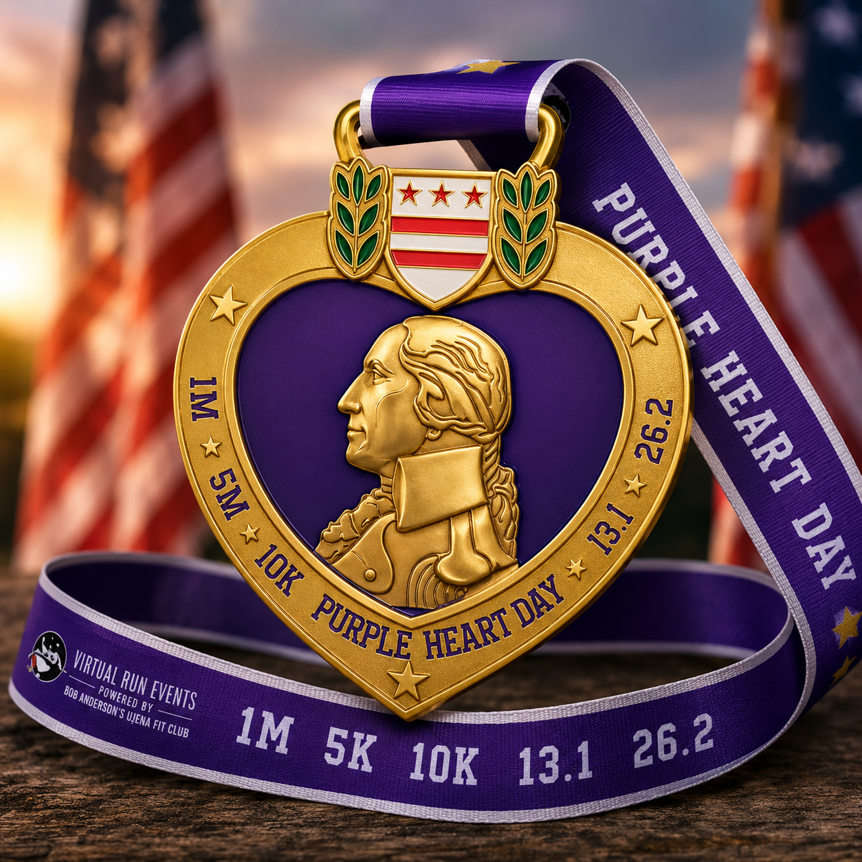 Purple Heart Day Virtual Race 2026 medal for 1M, 5K, 10K, half marathon, and marathon events by virtualrunevent.