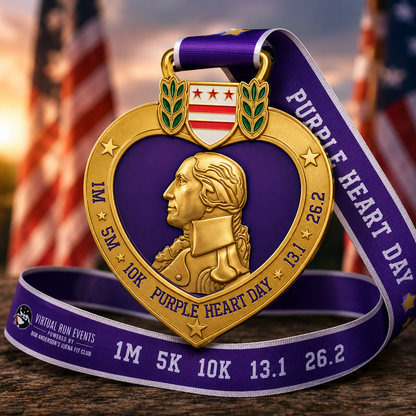 Purple Heart Day Virtual Race 2026 medal for 1M, 5K, 10K, half marathon, and marathon events by virtualrunevent.