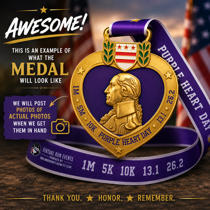 Purple Heart Day Virtual Race 2026 medal with engraved race distances, featuring purple ribbon and virtualrunevent branding.