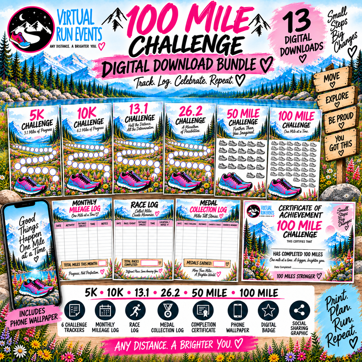 100 Mile Challenge Printable Running Tracker Bundle | 5K to 100 Mile Digital Download.