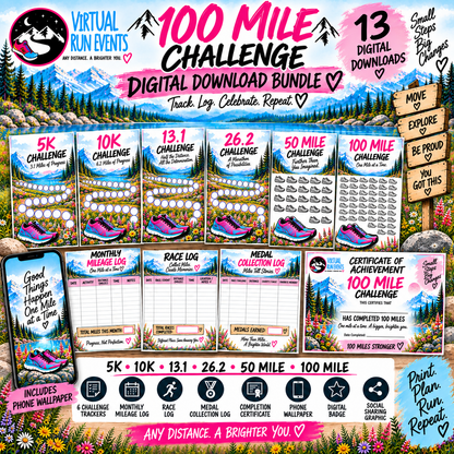 100 Mile Challenge Printable Running Tracker Bundle | 5K to 100 Mile Digital Download.