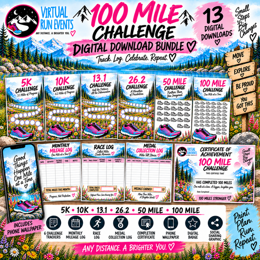 100 Mile Challenge Printable Running Tracker Bundle | 5K to 100 Mile Digital Download.