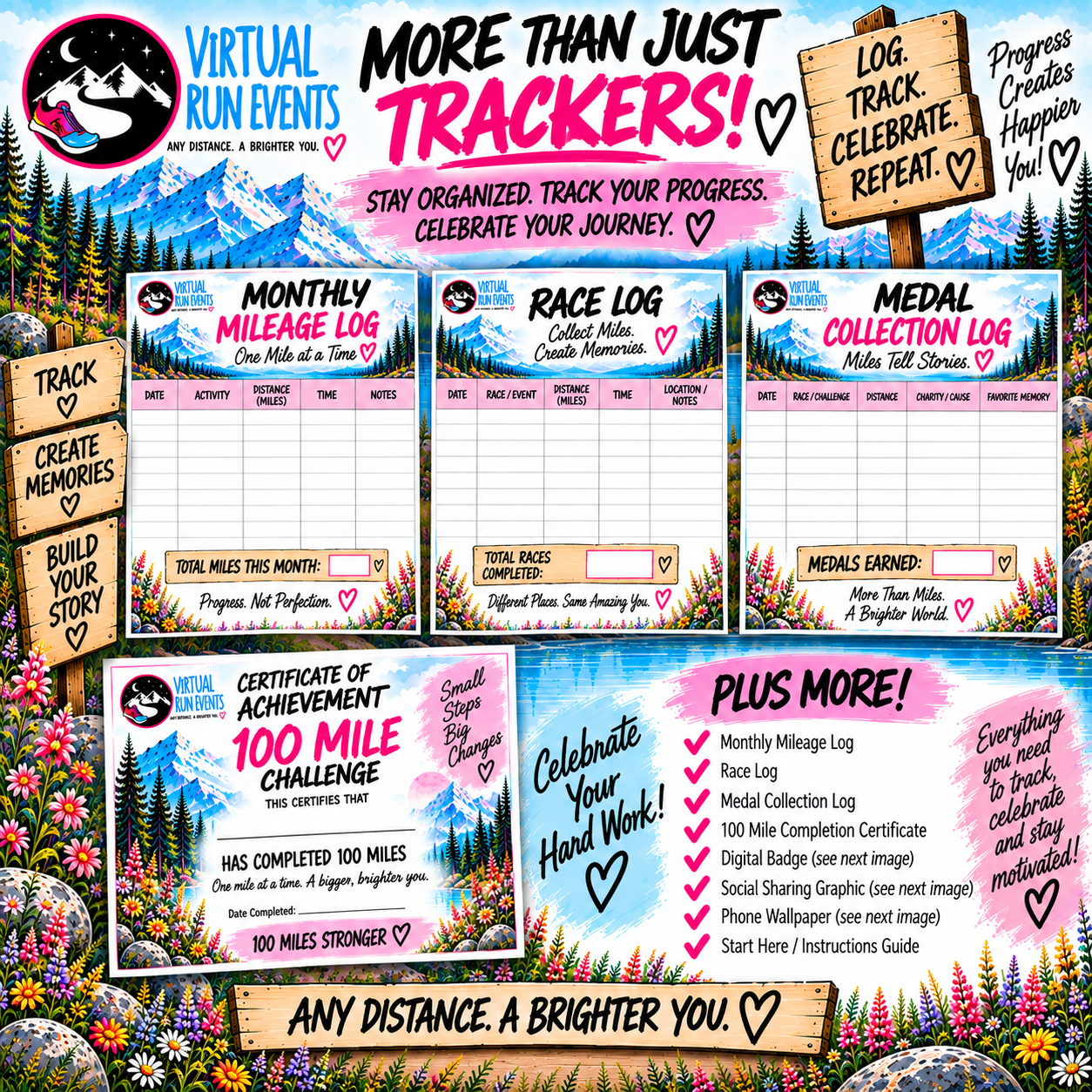 100 Mile Challenge Printable Running Tracker Bundle | 5K to 100 Mile Digital Download.