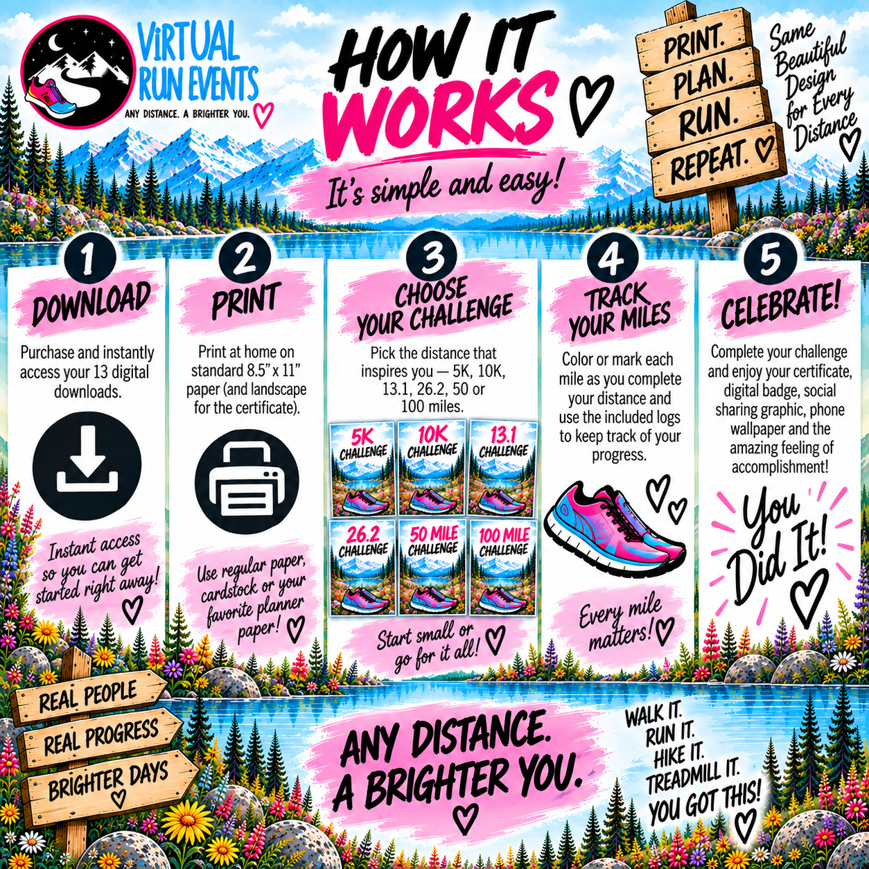 100 Mile Challenge Printable Running Tracker Bundle | 5K to 100 Mile Digital Download.