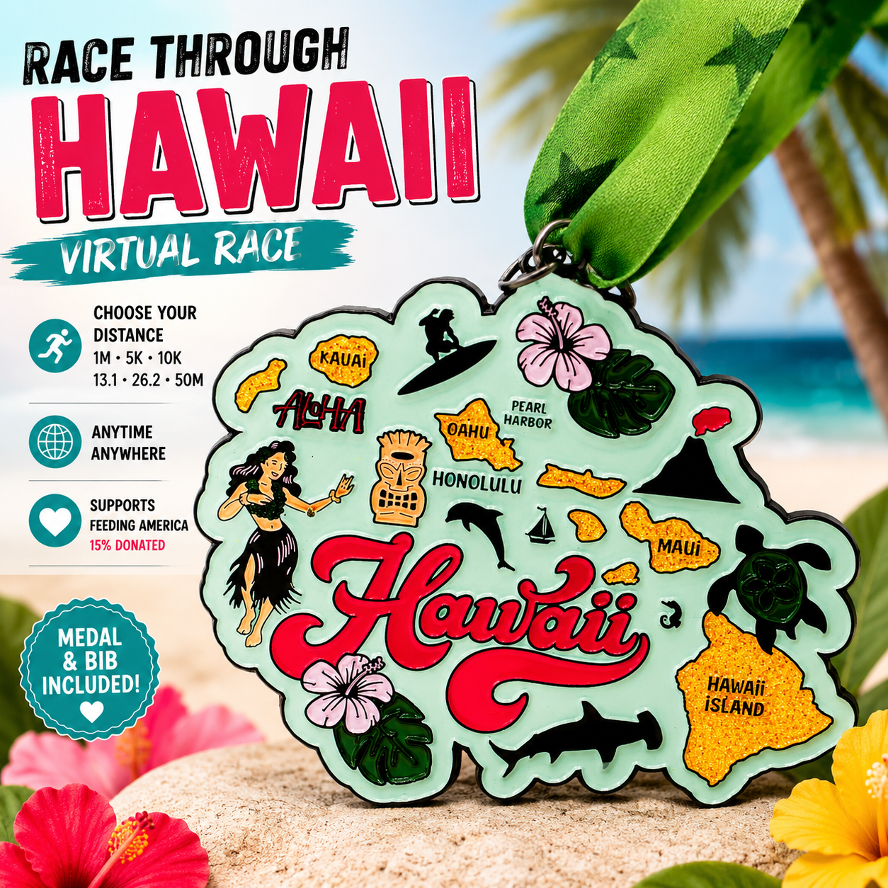 Virtualrunevent Race Through Hawaii medal and bib, featuring colorful Hawaiian-themed design and event branding.