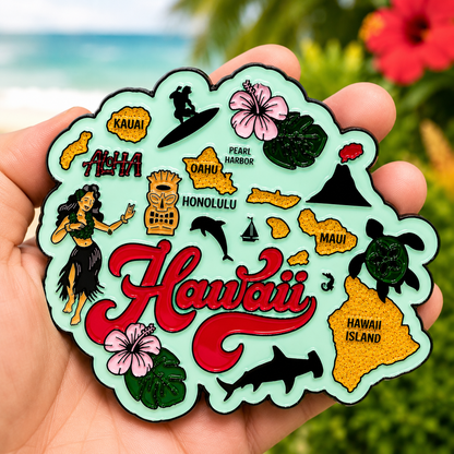 Virtualrunevent Race Through Hawaii medal and bib, featuring colorful Hawaiian design and event branding on the medal.