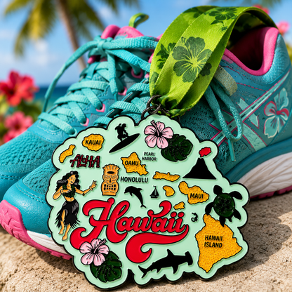 Virtualrunevent Race Through Hawaii medal and bib, featuring a colorful Hawaii-themed design and race details on the medal.