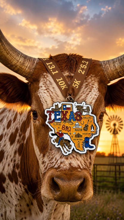 Virtualrunevent Race Through Texas medal featuring Texas map design and race distances, for 1 mile to 50-mile challenge finisher.