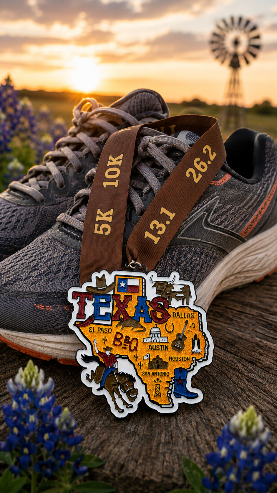 Virtualrunevent Race Through Texas medal featuring Texas-themed design for 1 mile to 50 mile virtual race challenges.