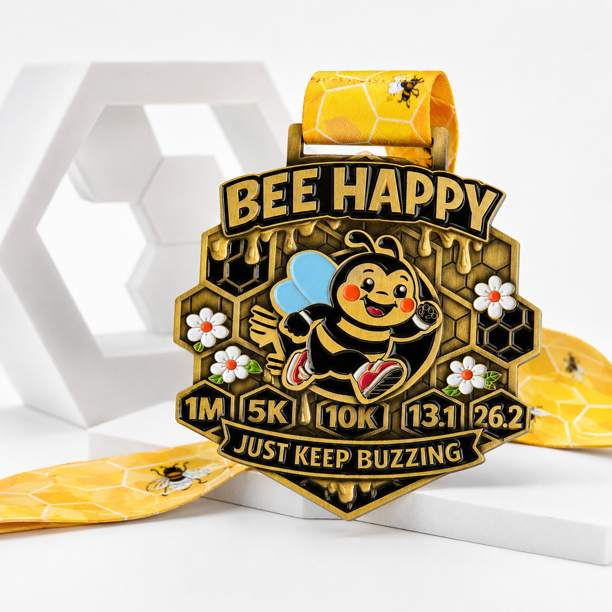 Bee Happy Race 2026 virtual run medal featuring colorful bee and floral design, awarded for participating in the fun 5K, 10K, or half marathon.