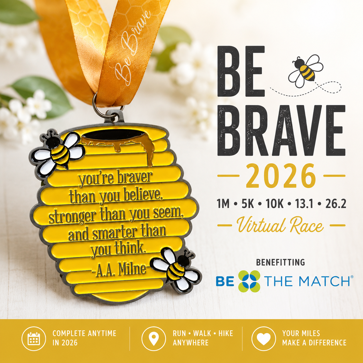 2026 Be Brave Virtual Run medal featuring engraved event logo and distance options for 1M, 5K, 10K, half, and full marathon.