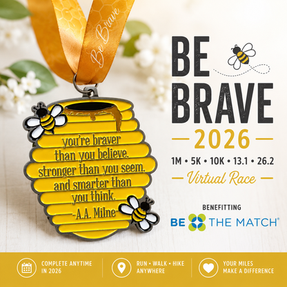 2026 Be Brave Virtual Run medal featuring engraved event logo and distance options for 1M, 5K, 10K, half, and full marathon.