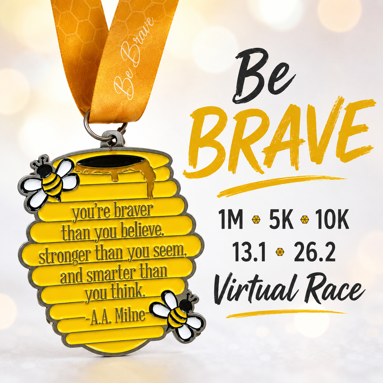 2026 Be Brave Virtual Run medal featuring a colorful design and engraved event details, representing various race distances.