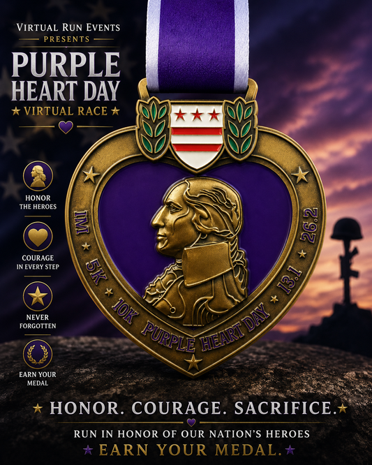 Purple Heart Day Virtual Race 2026 medal with purple ribbon, featuring a heart design and event details, for 1M, 5K, 10K, half, and full marathon.