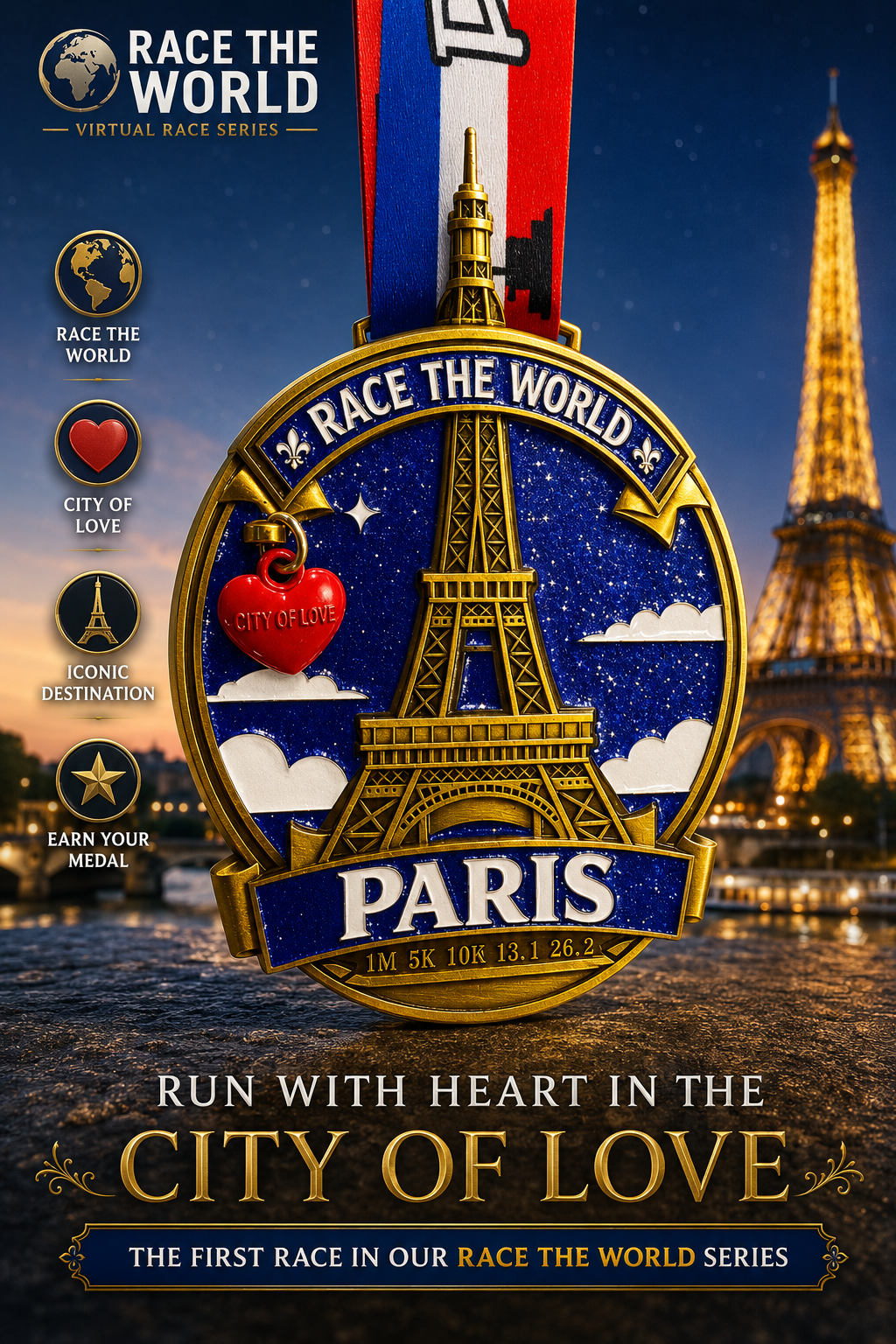Paris Virtual Race 2026 medal from VirtualRunEvent featuring a detailed design with iconic Paris landmarks, 1M to marathon distance.