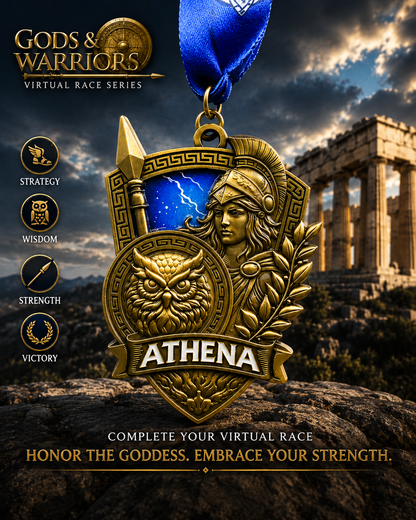 Athena Virtual Race 2026 medal from Gods & Warriors Mythology Race Series, featuring a detailed design of Athena and mythological elements.