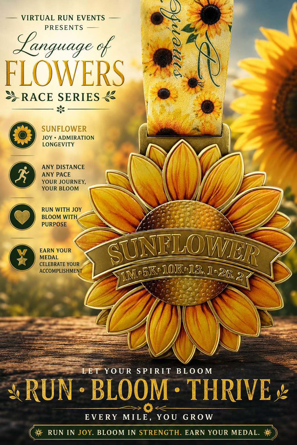 Colorful sunflower illustration for the Sunflower Virtual Race 2026, part of the Language of Flowers Series by virtualrunevent.