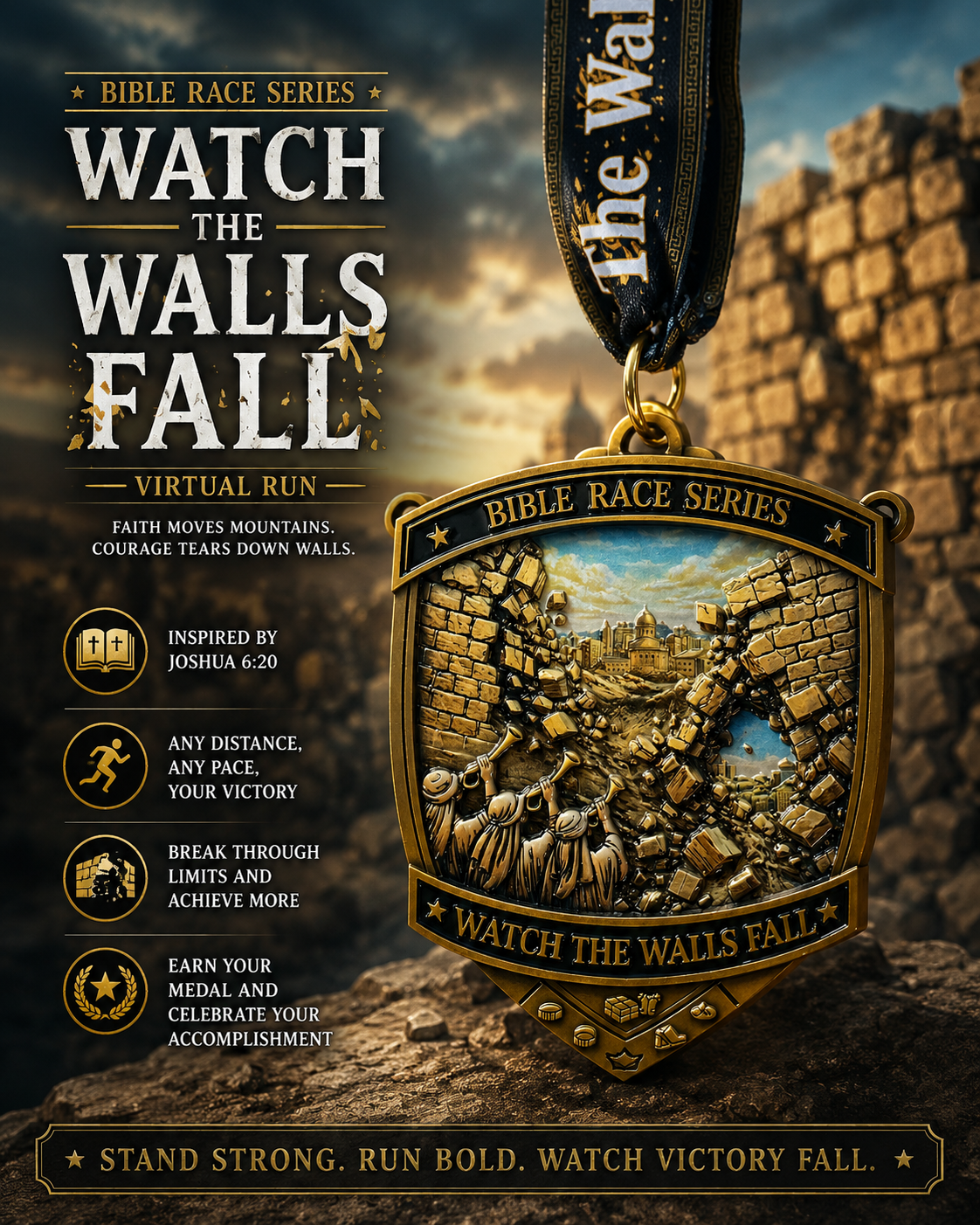 Medal for the Watch the Walls Fall Virtual Race 2026 from the Bible Race Series, featuring detailed race design and virtualrunevent branding.