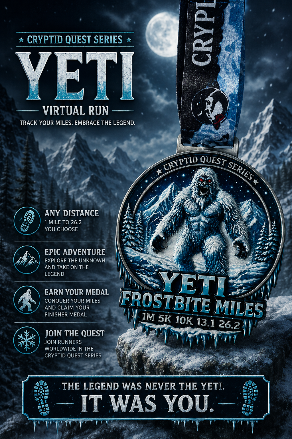Yeti Frostbite Miles Virtual Race 2026 medal from VirtualRunEvent, featuring a frosty Yeti design and cryptid theme.