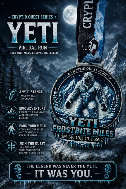 Yeti Frostbite Miles Virtual Race 2026 medal from VirtualRunEvent, featuring a frosty Yeti design and cryptid theme.