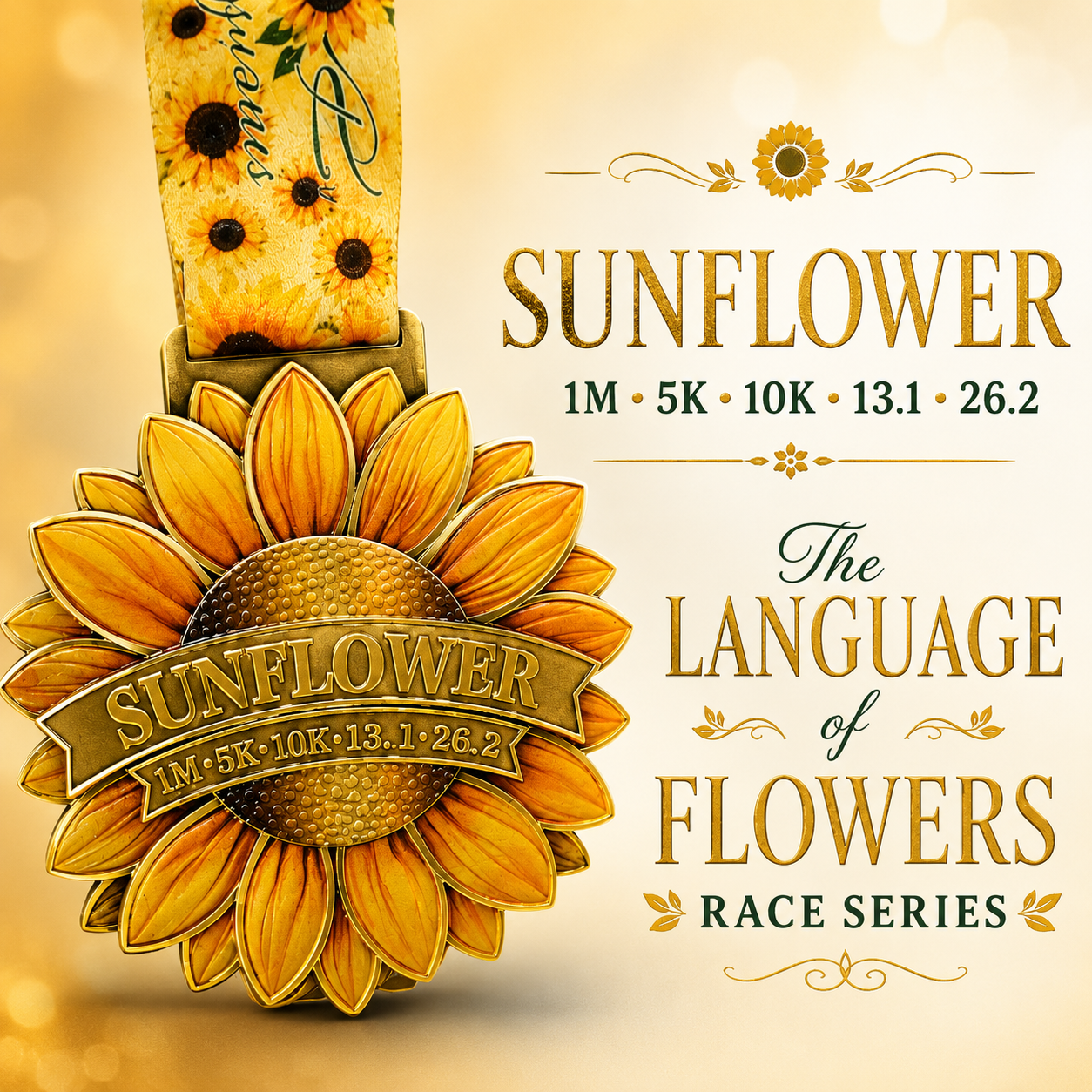 Sunflower Virtual Race 2026 medal from Virtual Rune Event's Language of Flowers Series featuring a sunflower design.