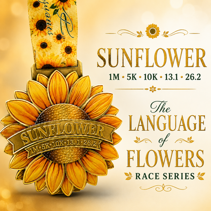 Sunflower Virtual Race 2026 medal from Virtual Rune Event's Language of Flowers Series featuring a sunflower design.