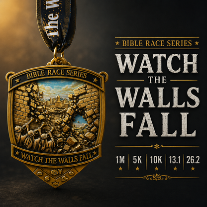 Medal for the Watch the Walls Fall Virtual Race 2026 from the Bible Race Series, featuring a detailed design and virtualrun event branding.