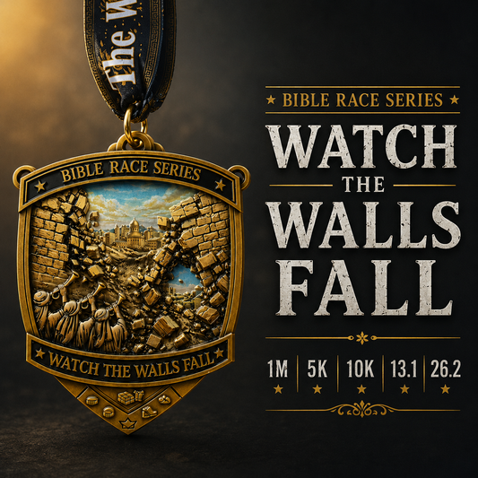 Medal for the Watch the Walls Fall Virtual Race 2026 from the Bible Race Series, featuring a detailed design and virtualrun event branding.