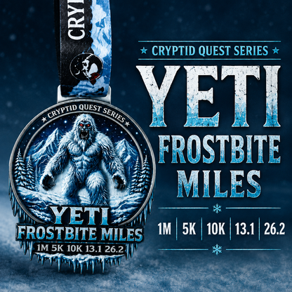 Yeti Frostbite Miles Virtual Race 2026 medal from Virtual Rune Event, featuring a detailed Yeti design and icy blue accents.