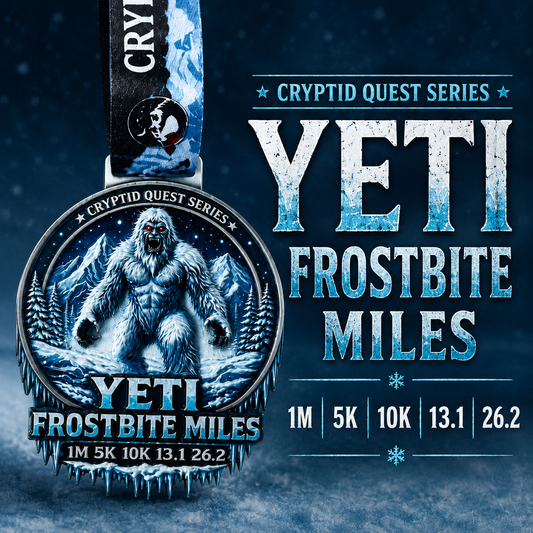 Yeti Frostbite Miles Virtual Race 2026 medal from Virtual Rune Event, featuring a detailed Yeti design and icy blue accents.