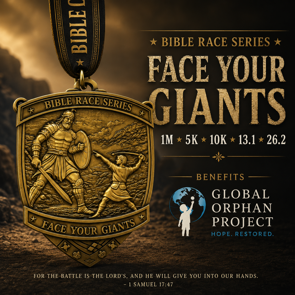 Silver medal for the Face Your Giants Race 2026 virtual run by virtualrunevent, featuring a design with inspirational text and event logo.