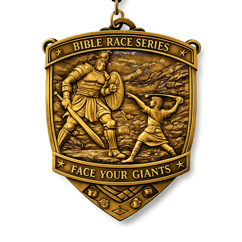 Christian virtual run medal for the Face Your Giants Race 2026 by virtualrunevent, featuring inspirational design and event branding.
