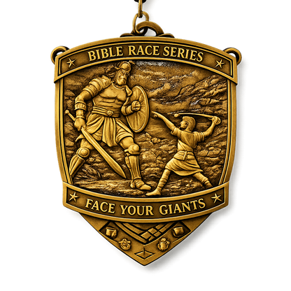 Christian virtual run medal for the Face Your Giants Race 2026 by virtualrunevent, featuring inspirational design and event branding.