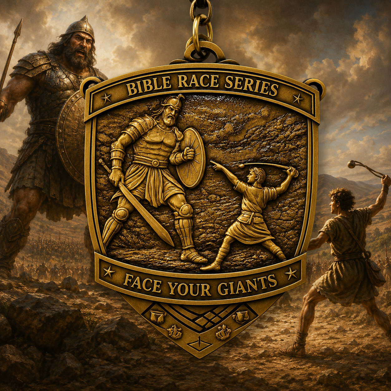 Christian virtual run medal for Face Your Giants Race 2026 by virtualrunevent, featuring a detailed design and vibrant colors.