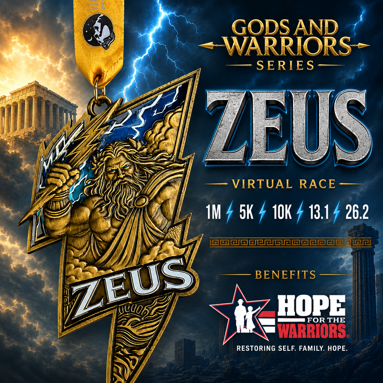 Zeus Race 2026 medal from Gods & Warriors Virtual Running Series by virtualrunevent, featuring a detailed design of Zeus with lightning bolts.
