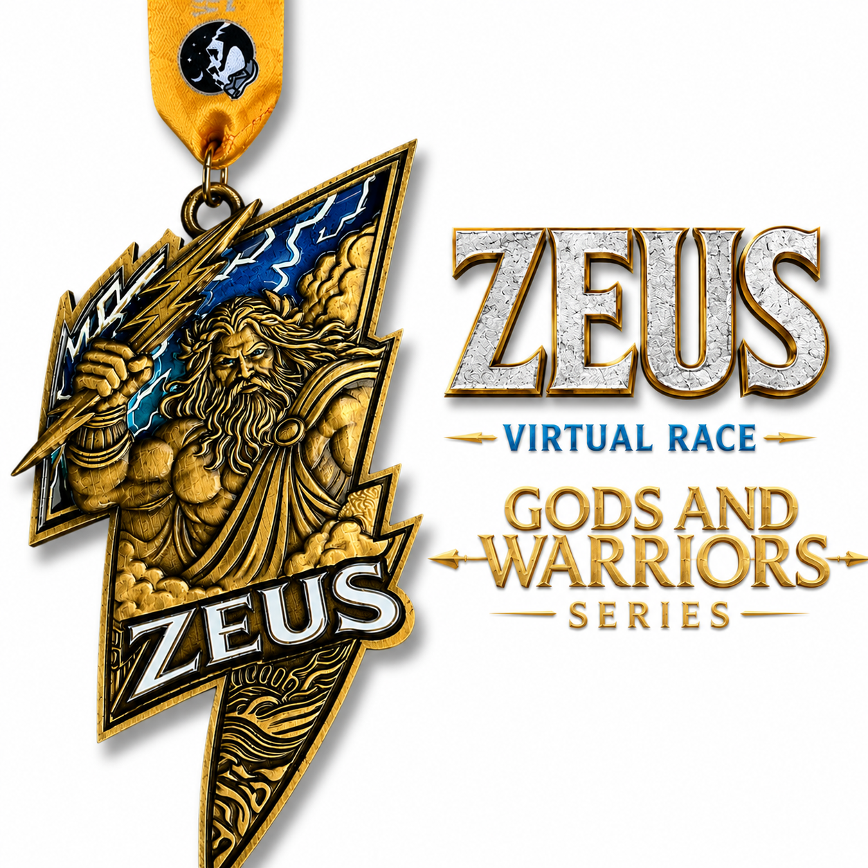 Zeus Race 2026 medal from Gods & Warriors Virtual Running Series by virtualrunevent, featuring a detailed mythological design.