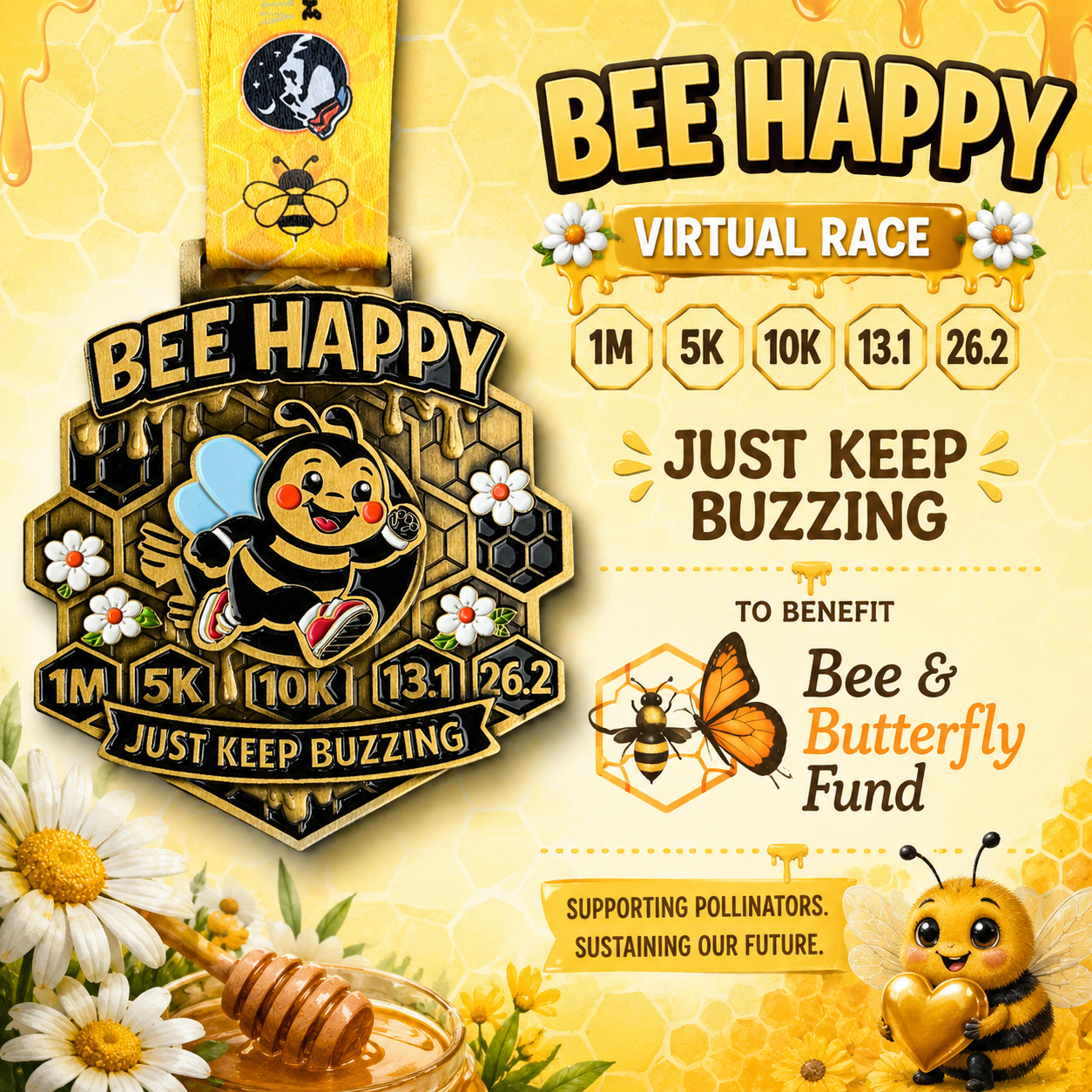 Bee Happy Race 2026 virtual medal featuring a colorful bee design, celebrating fun 5K, 10K, and half marathon virtual events.