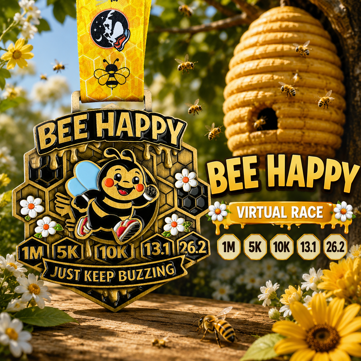 Bee Happy Race 2026 virtual race medal featuring a colorful bee design and event branding for 5K, 10K, and half marathon.