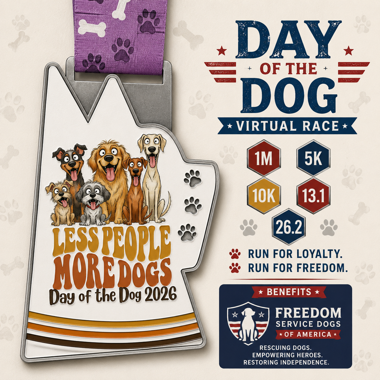 2026 Day of the Dog virtual race medal with dog paw design, awarded for 1M, 5K, 10K, 13.1, and 26.2 race distances.