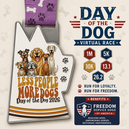 2026 Day of the Dog virtual race medal with dog paw design, awarded for 1M, 5K, 10K, 13.1, and 26.2 race distances.