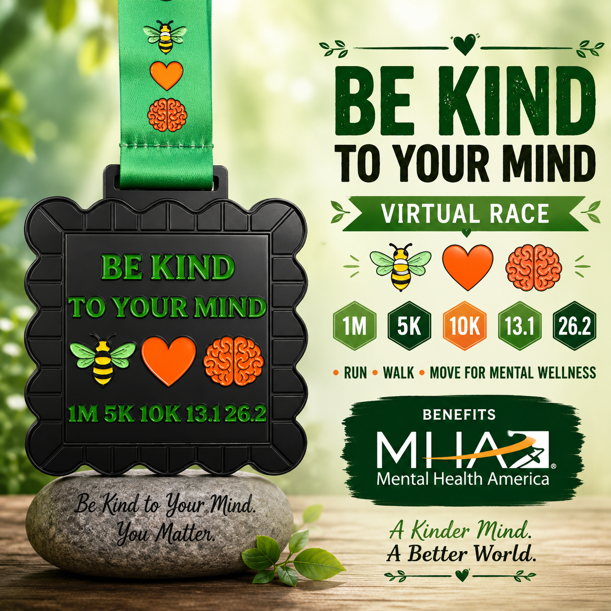2026 Be Kind to Your Mind virtual run medal featuring the event name and distance options, designed by virtualrunevent.