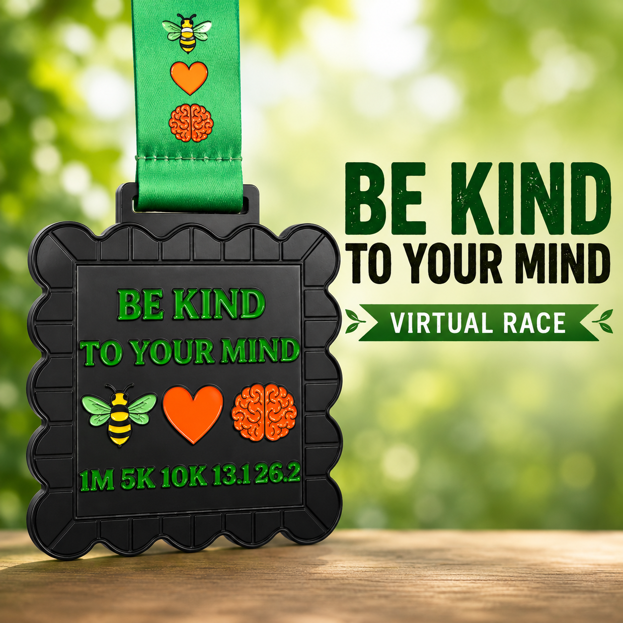 Medal from the 2026 Be Kind to Your Mind Virtual Run featuring distances 1M to 26.2, by virtualrunevent.