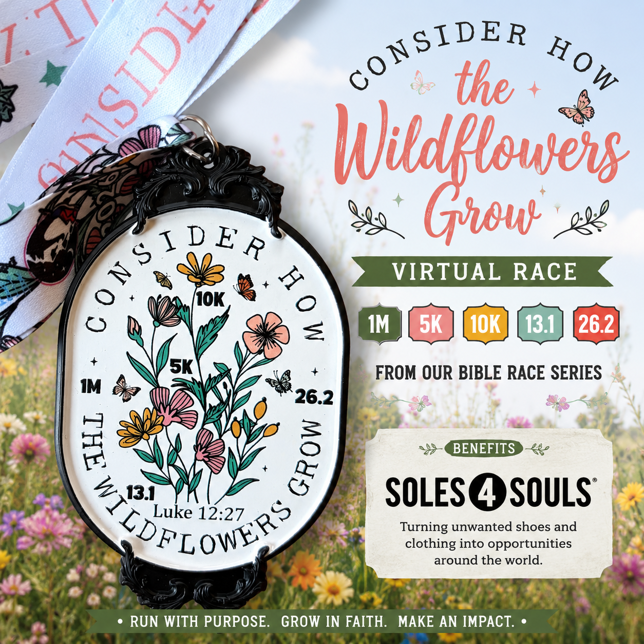 Consider Wildflowers virtual run medal featuring floral design for 1M, 5K, 10K, half marathon, and marathon distances by virtualrunevent