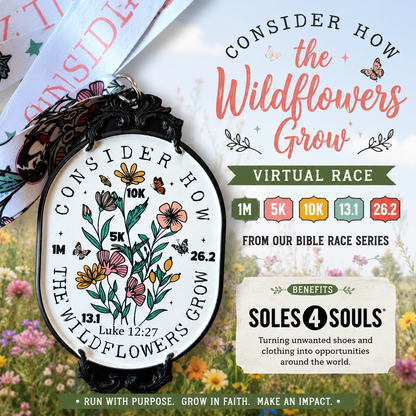 Consider Wildflowers virtual run medal featuring floral design for 1M, 5K, 10K, half marathon, and marathon distances by virtualrunevent