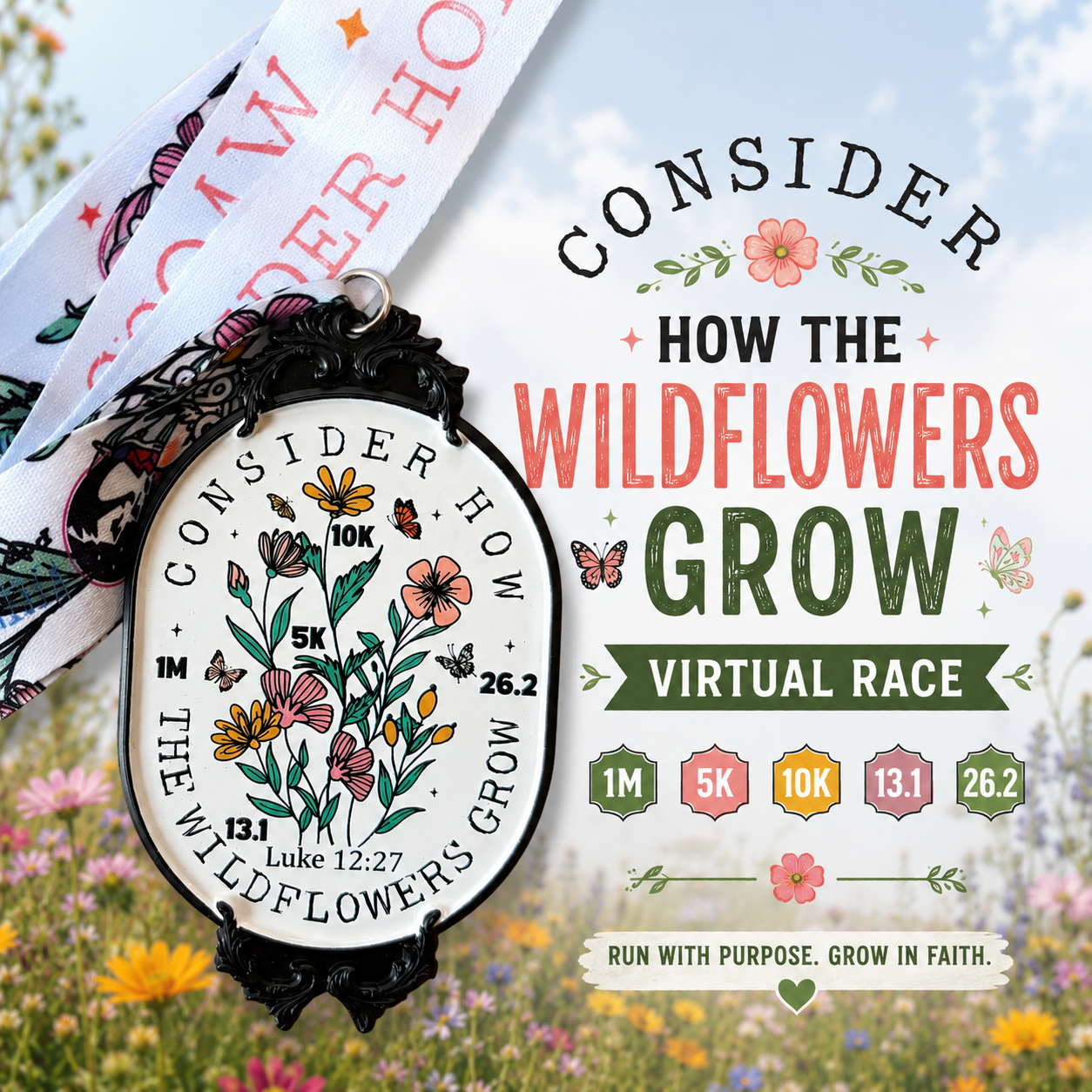 2026 Consider Wildflowers Virtual Run medal featuring floral design for 1M, 5K, 10K, half marathon, and marathon distances by virtualrunevent.