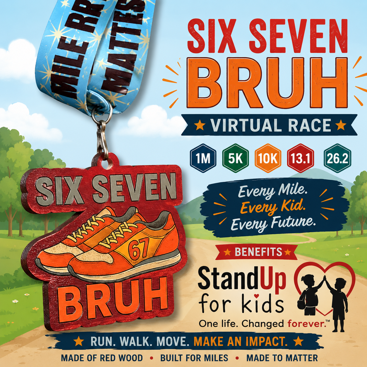 2026 Six Seven Bruh virtual race medal by virtualrunevent, featuring a colorful design supporting Stand Up for Kids charity.