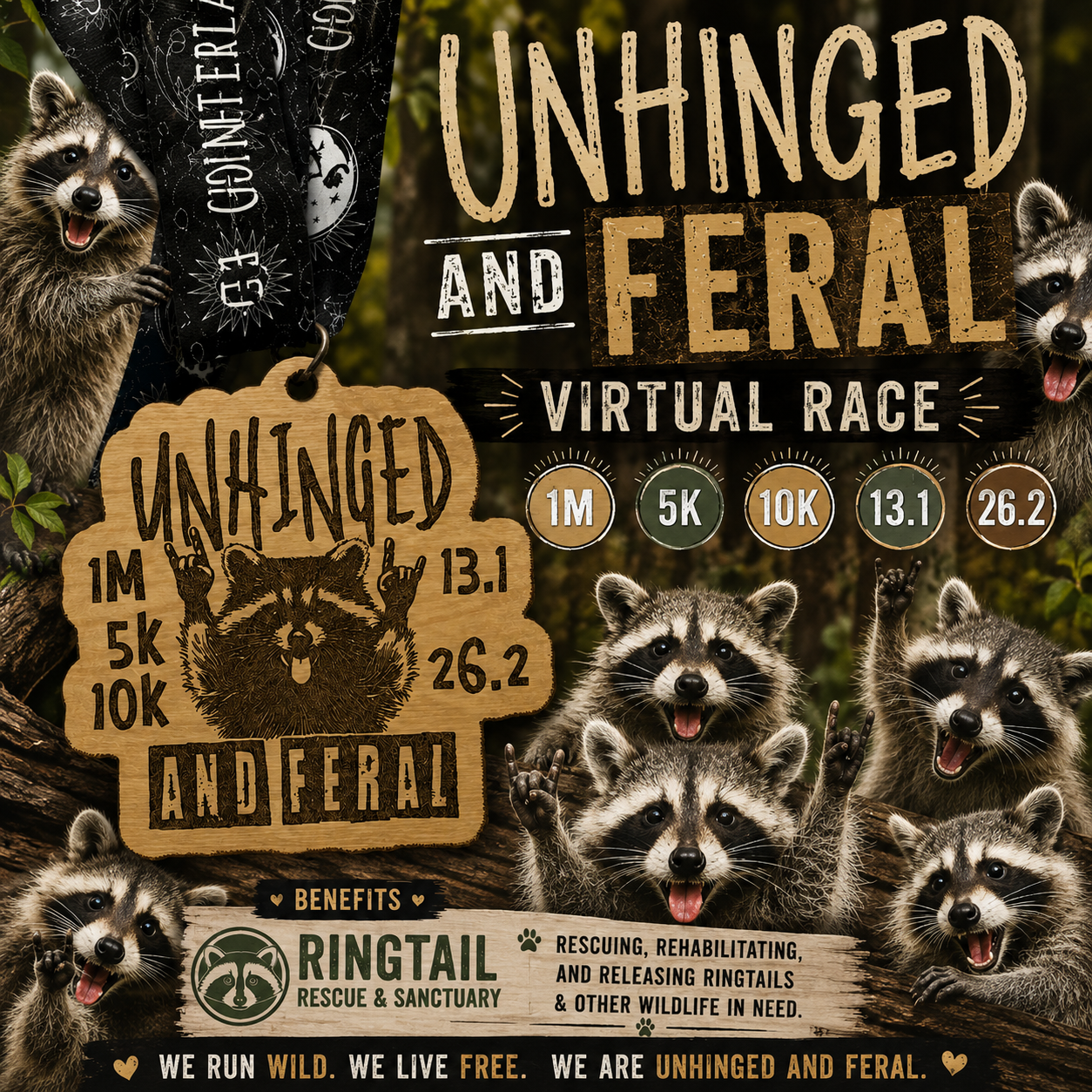 2026 Unhinged and Feral Virtual Race medal featuring bold design for 1M, 5K, 10K, 13.1, and 26.2 distances by virtualrunevent