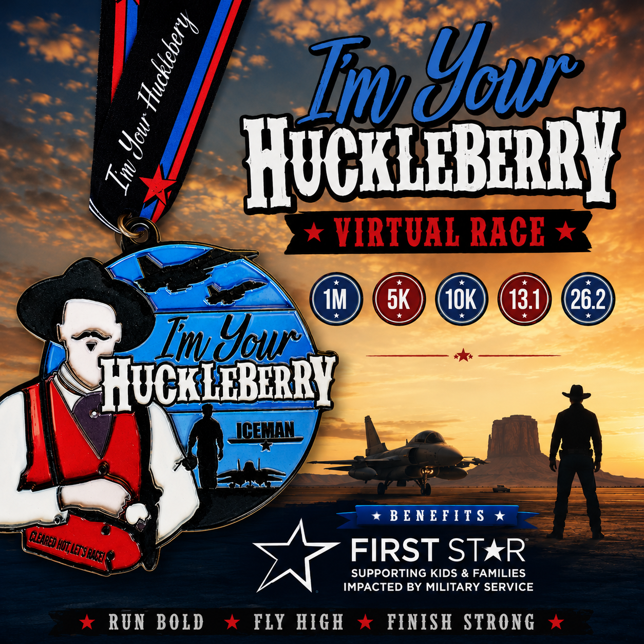 2026 I’m Your Huckleberry medal from VirtualRuneEvent, featuring a detailed design for 1M, 5K, 10K, 13.1, and 26.2 races